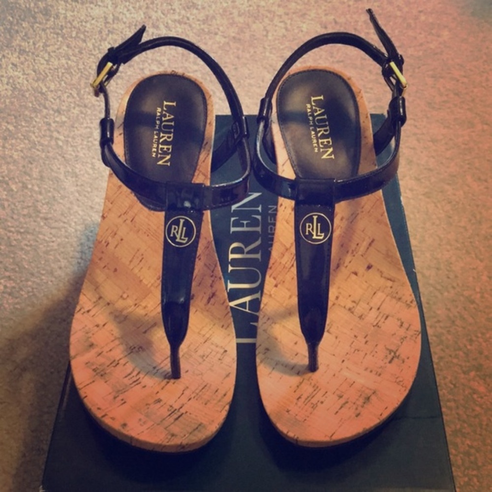 LAUREN Ralph Logo Cork Heel Wedges Size 7 - Picture 1 of 4